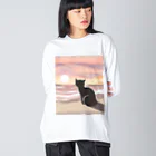 えんがわすまいる商店の海と夕陽と猫 ビッグシルエットロングスリーブTシャツ