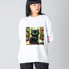 yoiyononakaの図書室の黒猫01 ビッグシルエットロングスリーブTシャツ