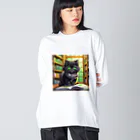 yoiyononakaの図書室の黒猫02 ビッグシルエットロングスリーブTシャツ