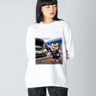 Colorful Canvasの車のバッテリーがあがって、立ち往生しているコーギー Big Long Sleeve T-Shirt