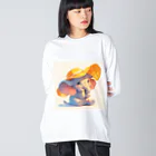 AQUAMETAVERSEの帽子をかぶった可愛い子供ゾウ Marsa 106 ビッグシルエットロングスリーブTシャツ