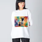 Animal Illustration shopのパグ　Pug　水彩画風 ビッグシルエットロングスリーブTシャツ