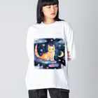 星降る夜にの月と猫 ビッグシルエットロングスリーブTシャツ