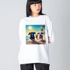 Chocolat15sucreの砂浜で遊ぶ子犬たち Big Long Sleeve T-Shirt