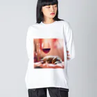 Shironekokuuの赤ワインと眠りねこ ビッグシルエットロングスリーブTシャツ