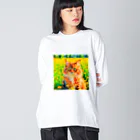 猫好きの谷の猫の水彩画/花畑のサイベリアンねこのイラスト/キジトラネコ Big Long Sleeve T-Shirt