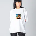 YFCのハワイのリゾートビーチでトロピカルドリンクを飲んでいる陽気なキツネ② Big Long Sleeve T-Shirt