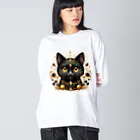 黒猫ギャラリー🐈‍⬛の金運の黒猫の神様 ビッグシルエットロングスリーブTシャツ