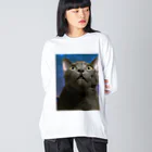 こんすけの灰色なびっくりした猫 ビッグシルエットロングスリーブTシャツ