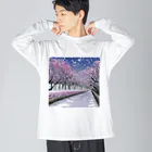 Yossy's Item Factoryの夜の桜並木に雪 Big Long Sleeve T-Shirt