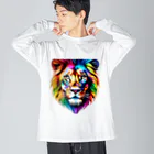 宇宙開発デザイン科のレインボーなライオン ビッグシルエットロングスリーブTシャツ