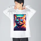動物のオシャレ屋のサングラスをしている猫 ビッグシルエットロングスリーブTシャツ