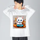 yoiyononakaのハロウィンと白猫10 ビッグシルエットロングスリーブTシャツ