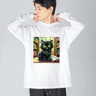 yoiyononakaの図書室の黒猫01 ビッグシルエットロングスリーブTシャツ