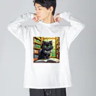 yoiyononakaの図書室の黒猫02 ビッグシルエットロングスリーブTシャツ