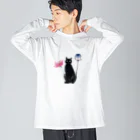 幸運のしっぽの黒猫と花 Big Long Sleeve T-Shirt