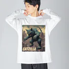 HappyFaceMarketのゴジラになりたい猫 CATZILLA ビッグシルエットロングスリーブTシャツ