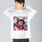 オシャンな動物達^_^の桜舞うなかオシャン猫 루즈핏 롱 슬리브 티셔츠