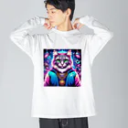 AIフォトSHOPのイケ猫DJ ビッグシルエットロングスリーブTシャツ
