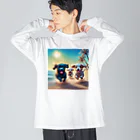 Chocolat15sucreの砂浜で遊ぶ子犬たち Big Long Sleeve T-Shirt