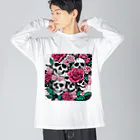 ピンクリボンの薔薇髑髏01 Big Long Sleeve T-Shirt