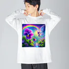 かるるんショップのすみれと妖精　雨と虹　 ビッグシルエットロングスリーブTシャツ