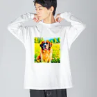 犬好きのしましまの水彩画の犬 花畑のセントバーナードのイラスト ビッグシルエットロングスリーブTシャツ