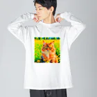 猫好きの谷の猫の水彩画/花畑のサイベリアンねこのイラスト/キジトラネコ Big Long Sleeve T-Shirt