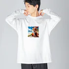 YFCのハワイのリゾートビーチでトロピカルドリンクを飲んでいる陽気なキツネ① Big Long Sleeve T-Shirt