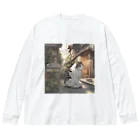 猫専門店　まるまるねこの懐かしい雰囲気に包まれた猫のアートプリント ビッグシルエットロングスリーブTシャツ