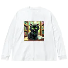 yoiyononakaの図書室の黒猫01 ビッグシルエットロングスリーブTシャツ