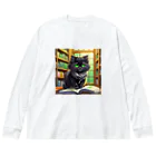 yoiyononakaの図書室の黒猫02 ビッグシルエットロングスリーブTシャツ