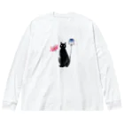 幸運のしっぽの黒猫と花 ビッグシルエットロングスリーブTシャツ