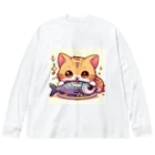 zuuu-の魚を前にドヤ顔にゃんこ☆ ビッグシルエットロングスリーブTシャツ