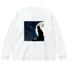 黒猫と珈琲の月夜を眺める黒猫 ビッグシルエットロングスリーブTシャツ