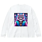 AIフォトSHOPのイケ猫DJ ビッグシルエットロングスリーブTシャツ