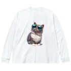 AQUAMETAVERSEのサングラスをかけた、かわいいネコ Marsa 106 ビッグシルエットロングスリーブTシャツ