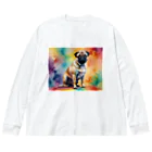 Animal Illustration shopのパグ　Pug　水彩画風 Big Long Sleeve T-Shirt