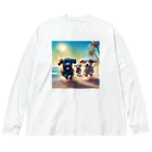 Chocolat15sucreの砂浜で遊ぶ子犬たち Big Long Sleeve T-Shirt