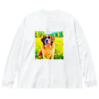 犬好きのしましまの水彩画の犬 花畑のセントバーナードのイラスト Big Long Sleeve T-Shirt