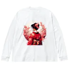 yuchijapanの桜を散らした着物美人イラスト Big Long Sleeve T-Shirt