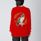 小鳥と映画館の三毛猫 ミャオ バックプリントバージョン 胸元にも小さく Big Long Sleeve T-Shirt