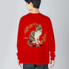 小鳥と映画館の三毛猫 ミャオ バックプリントバージョン 胸元にも小さく Big Long Sleeve T-Shirt