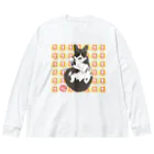 小鳥と映画館の加筆版 大入り 招き猫 ハチワレ ビッグシルエットロングスリーブTシャツ