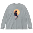 キッズモード某の月と黒ワンピの女の子 ビッグシルエットロングスリーブTシャツ