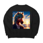 ひよっこなボスの弁護士の馬、夕焼けの浜辺で自撮りする Big Crew Neck Sweatshirt