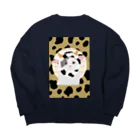 小鳥と映画館の牛柄のネコ 茶 Big Crew Neck Sweatshirt