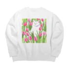 癒しのふわふわ白猫ちゃんのチューリップと白猫ちゃん Big Crew Neck Sweatshirt