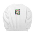 キュート＆クールのアニメ調・花畑の猫 Big Crew Neck Sweatshirt