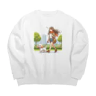 南国のかわいい犬と散歩をする女性 Big Crew Neck Sweatshirt